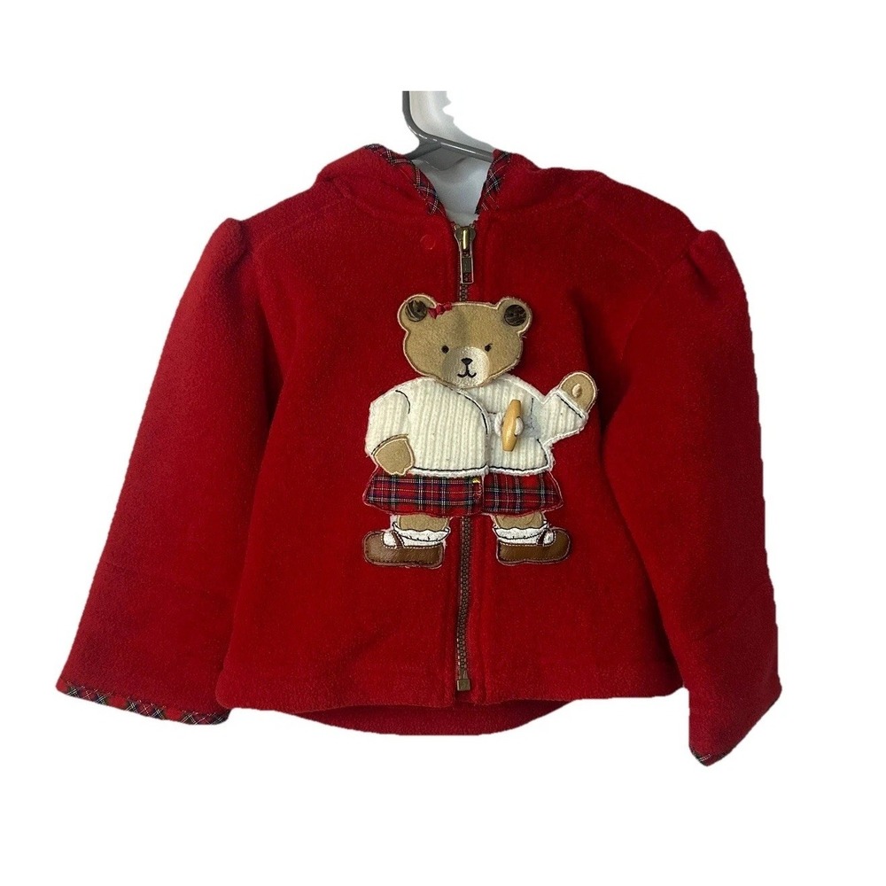 VTG red fleece hooded jacket teddy bear appliqué from Emporio‎ Kids 18 months